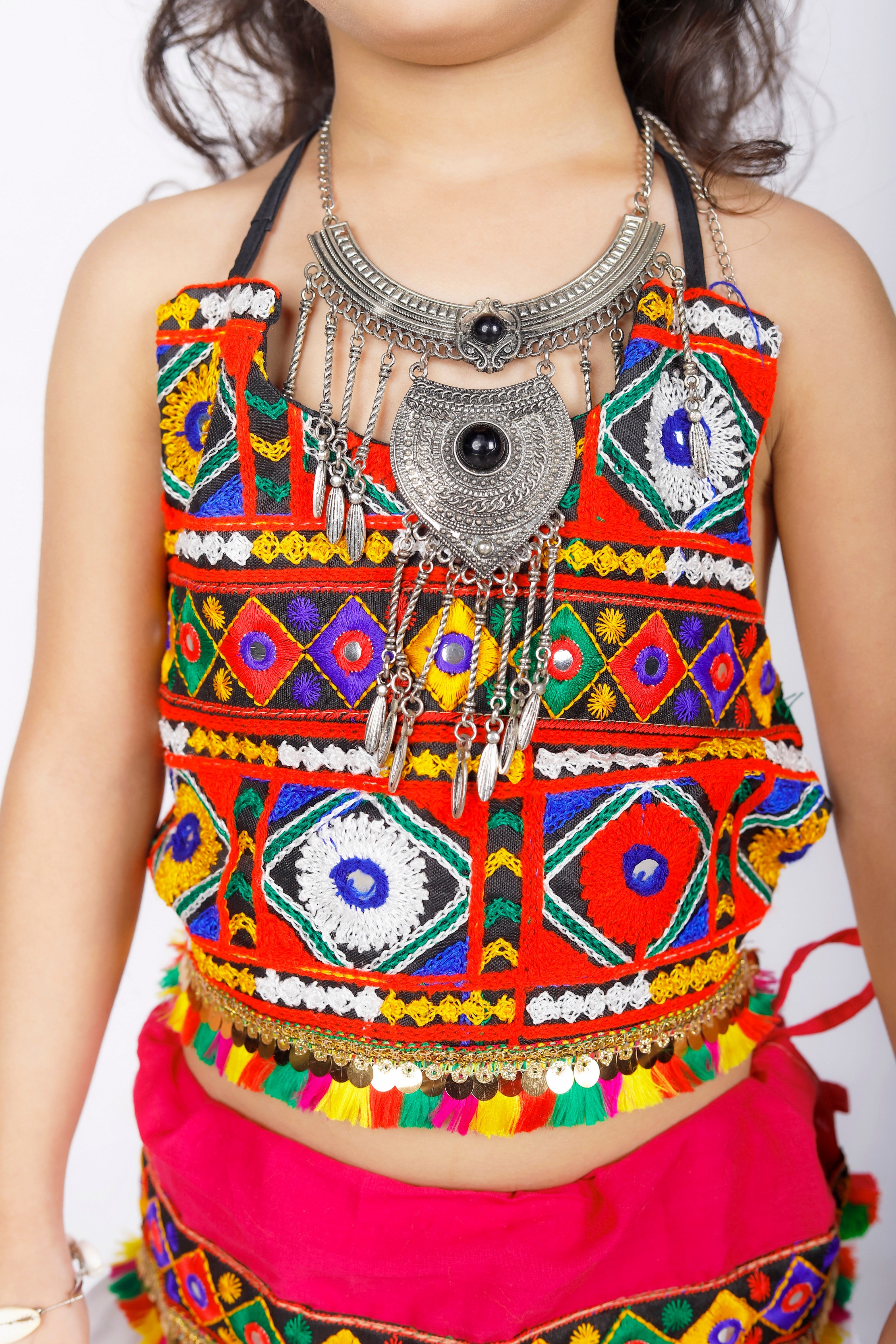 Banjara India Kutchi Emboidered Black Girls Chaniya Choli with Dupatta (CC-DMN) - White
