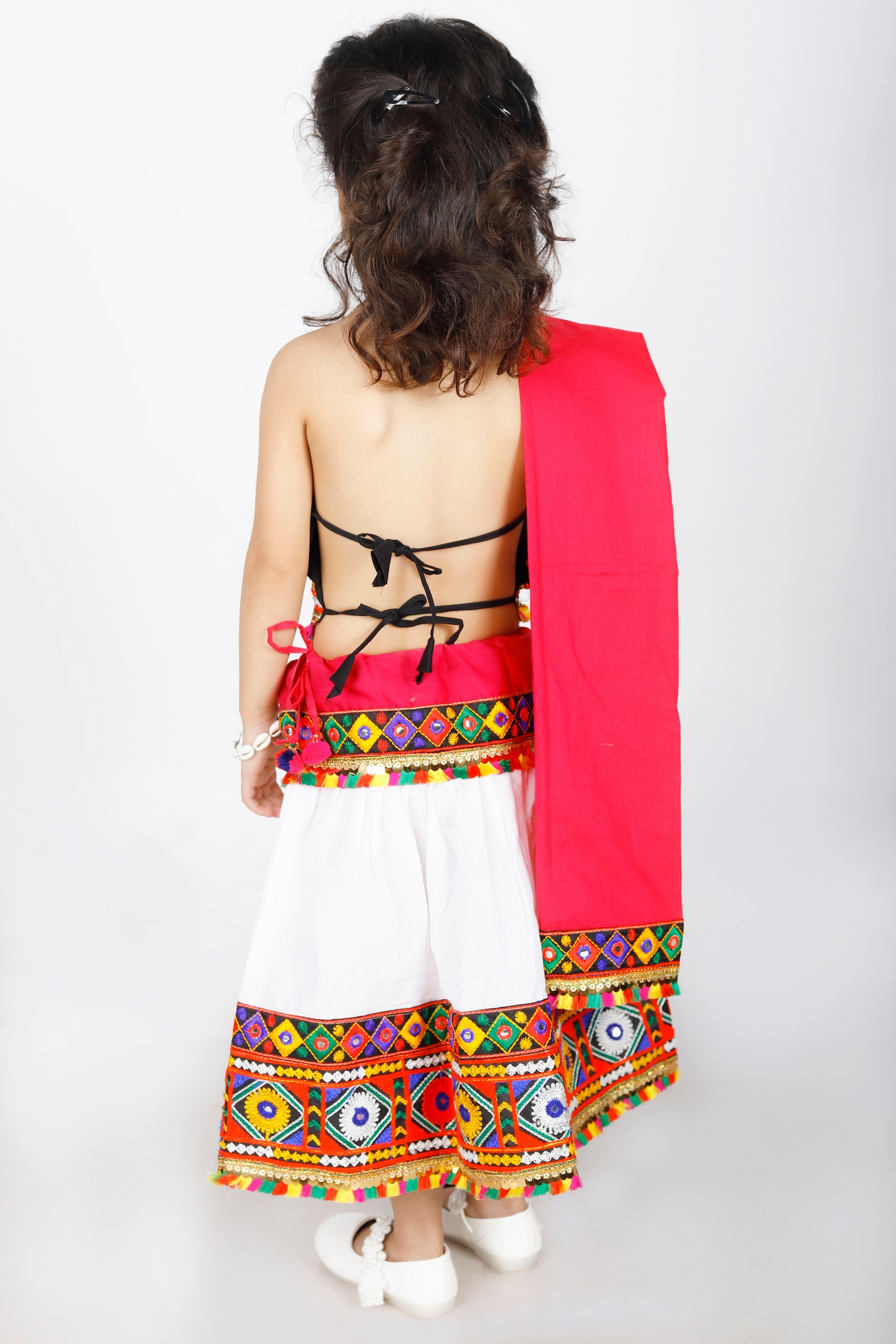 Banjara India Kutchi Emboidered Black Girls Chaniya Choli with Dupatta (CC-DMN) - White