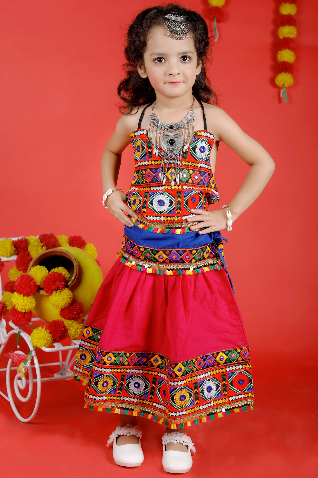 Banjara India Kutchi Emboidered Black Girls Chaniya Choli with Dupatta (CC-DMN) - Pink