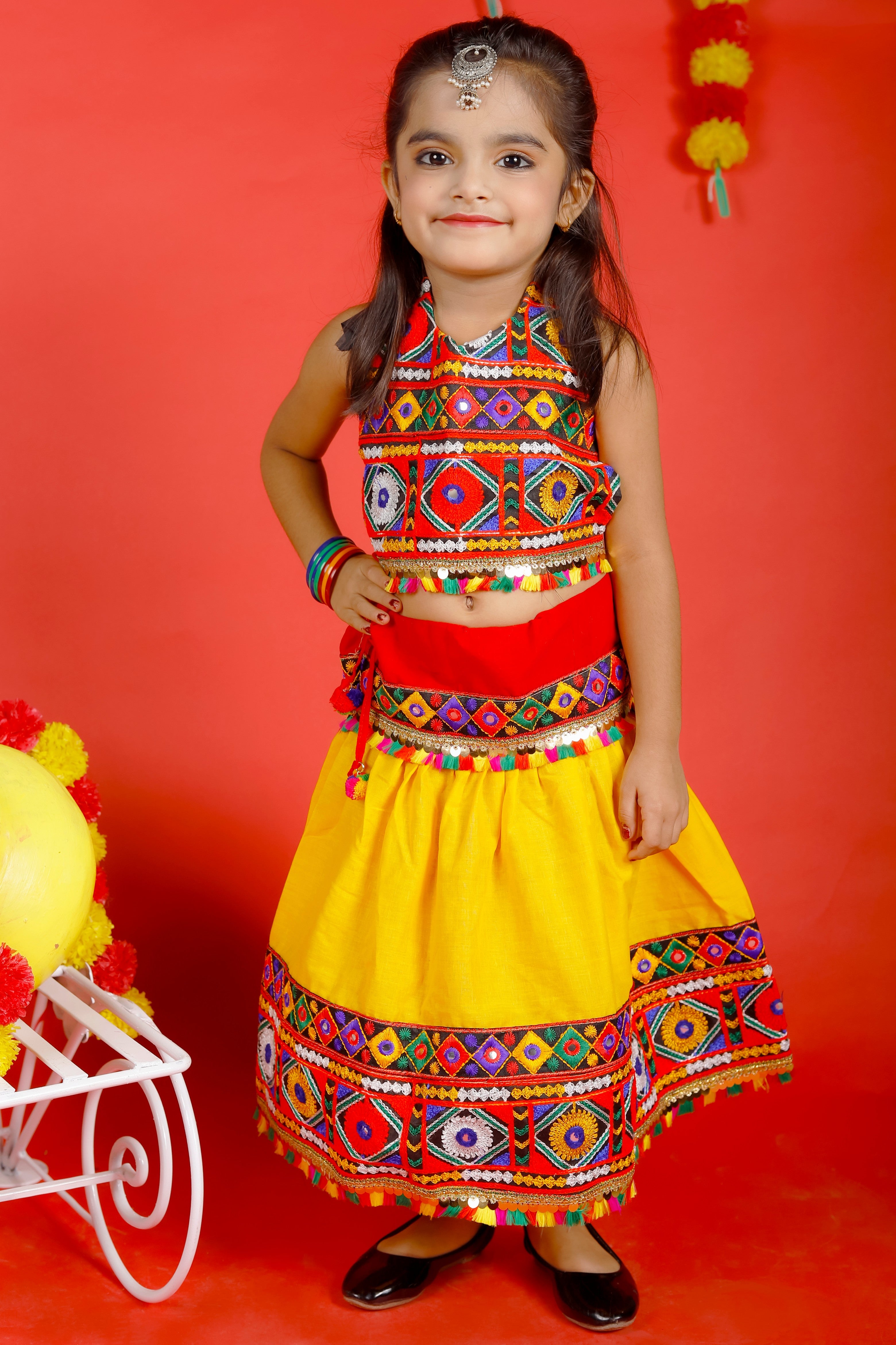 Banjara India Kutchi Emboidered Black Girls Chaniya Choli with Dupatta (CC-DMN) - Yellow