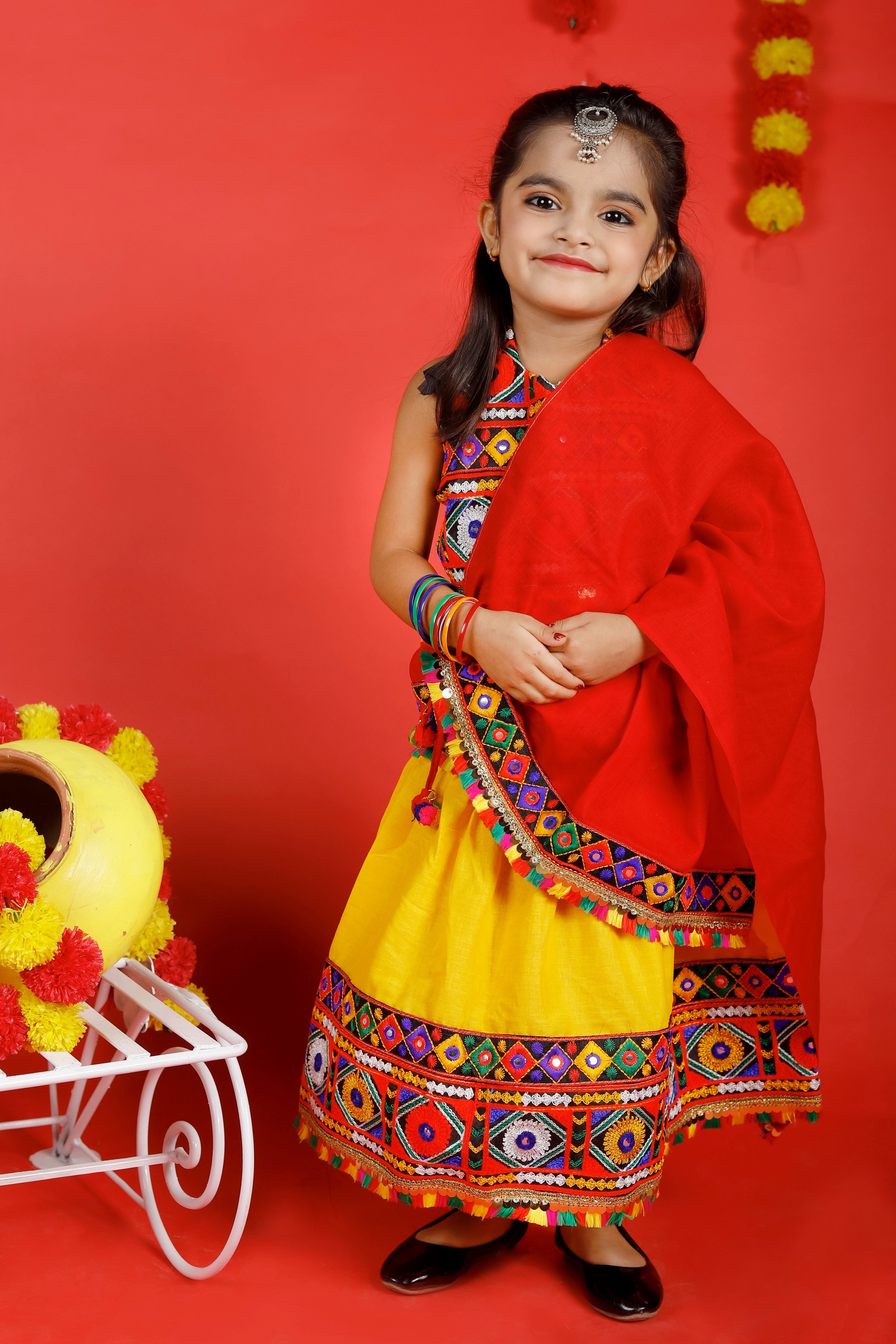 Banjara India Kutchi Emboidered Black Girls Chaniya Choli with Dupatta (CC-DMN) - Yellow