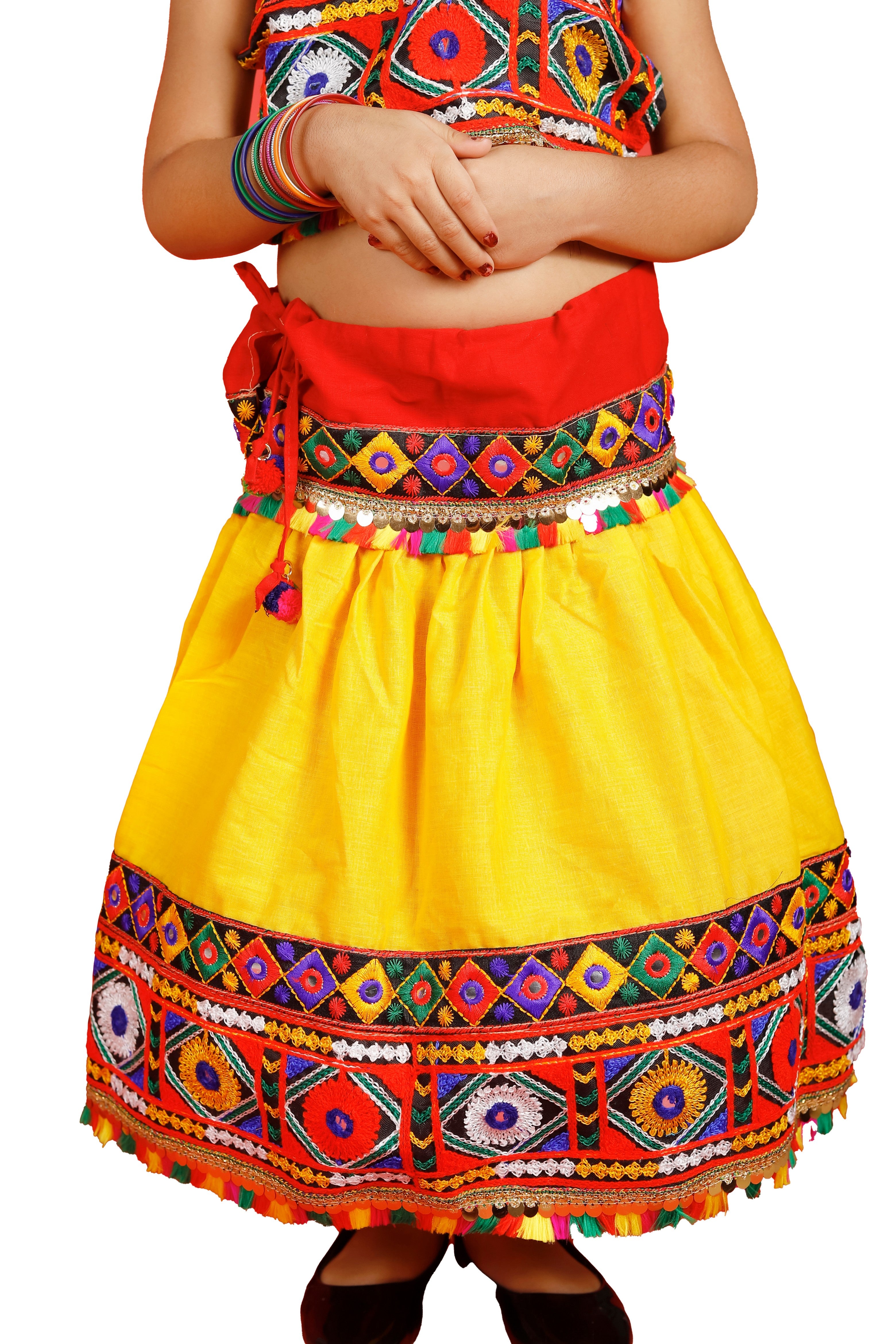 Banjara India Kutchi Emboidered Black Girls Chaniya Choli with Dupatta (CC-DMN) - Yellow