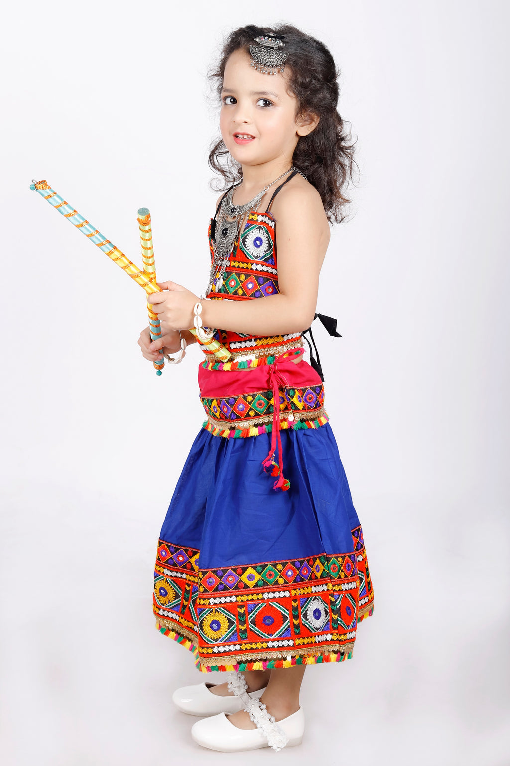 Banjara India Kutchi Emboidered Black Girls Chaniya Choli with Dupatta (CC-DMN) - Blue