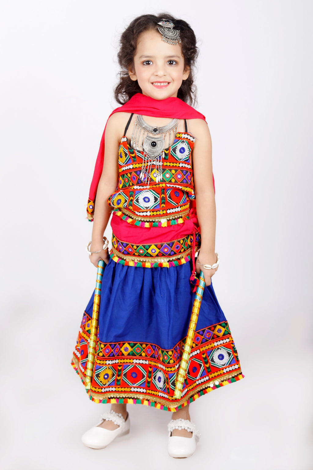 Banjara India Kutchi Emboidered Black Girls Chaniya Choli with Dupatta (CC-DMN) - Blue