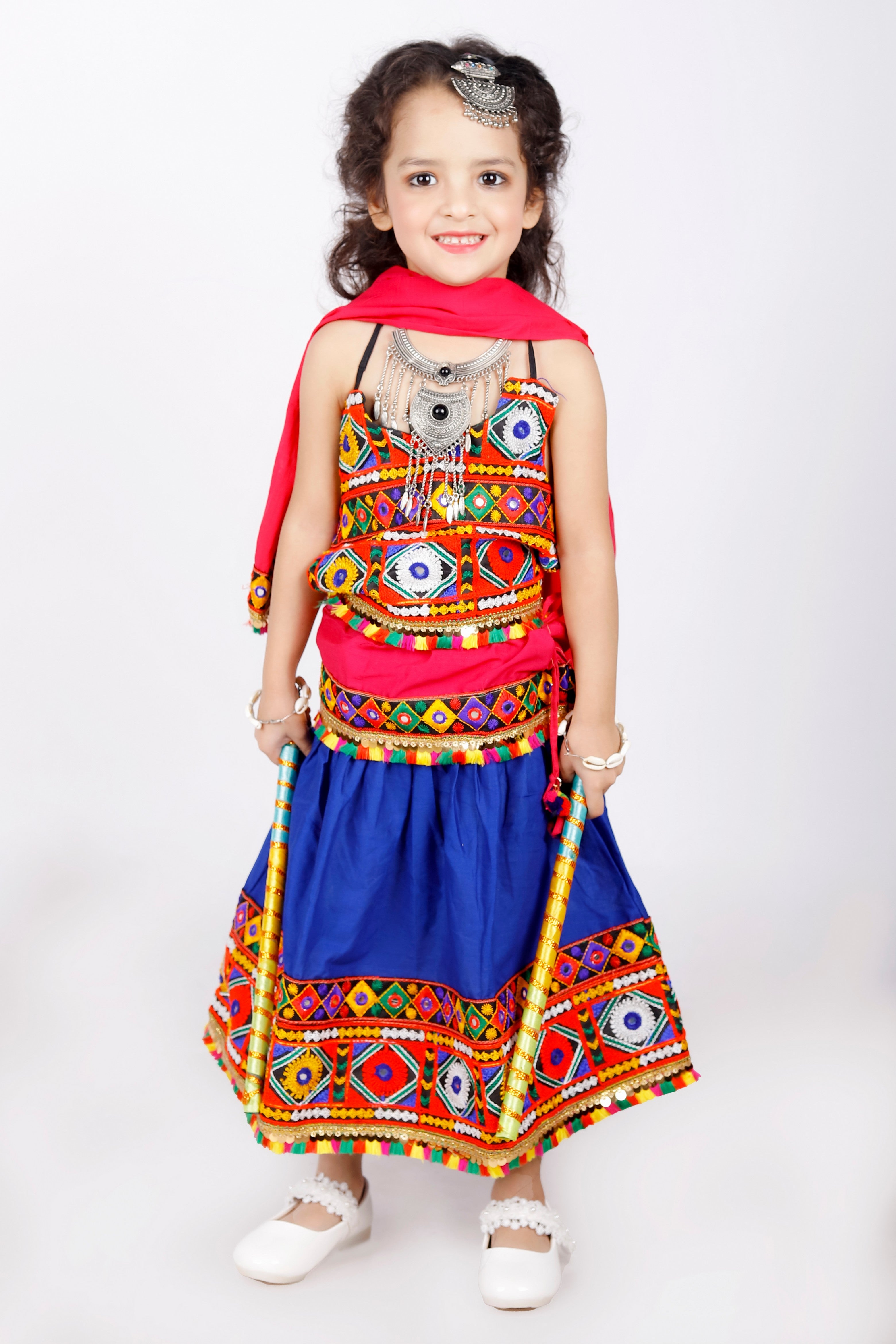 Banjara India Kutchi Emboidered Black Girls Chaniya Choli with Dupatta (CC-DMN) - Blue