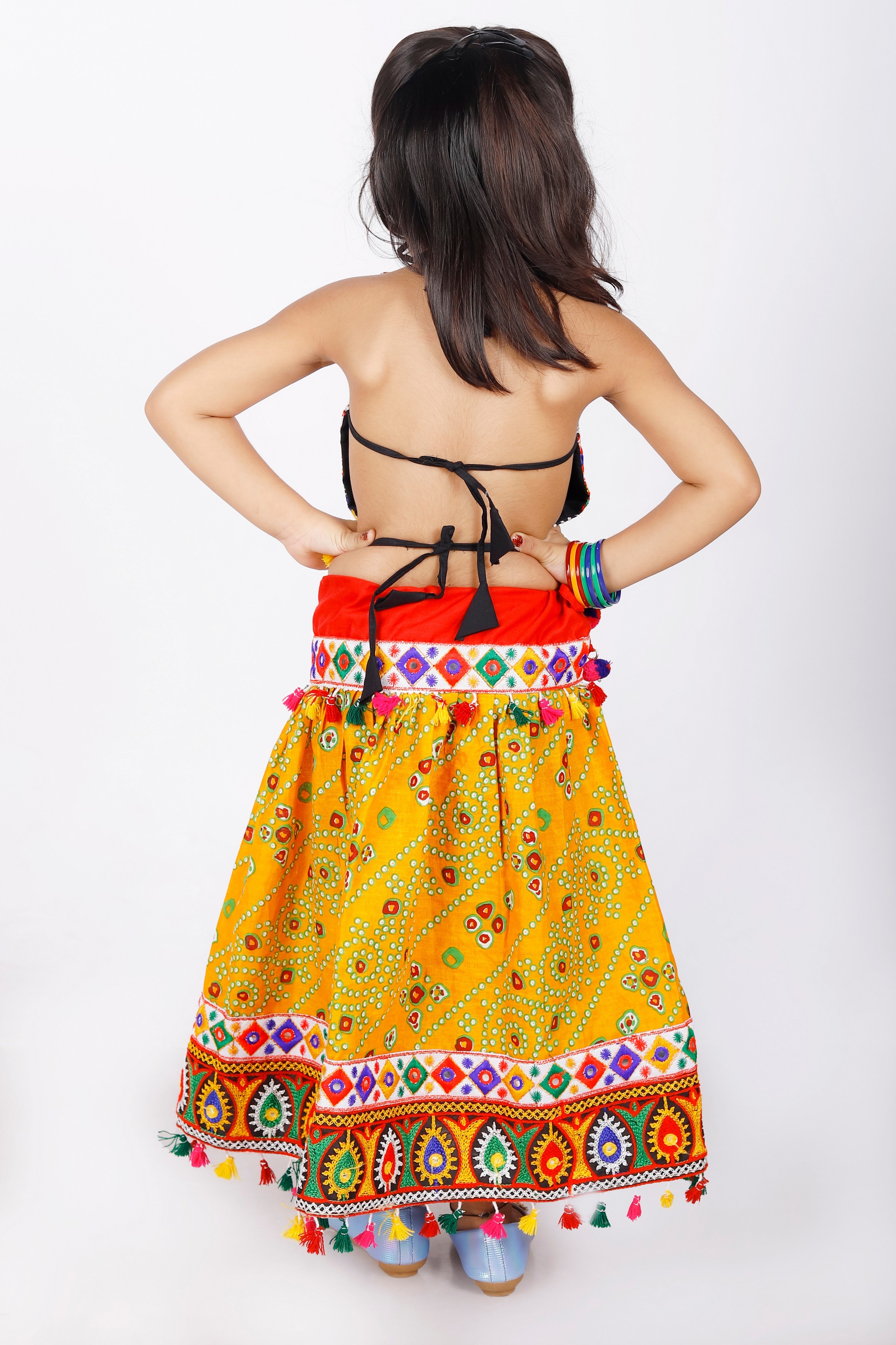Banjara India Kutchi Emboidered Black Girls Chaniya Choli with Dupatta (CC-RJS) - Yellow