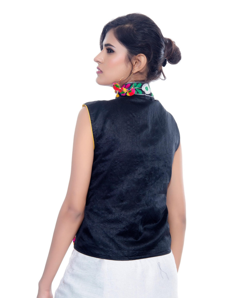 Banjara India Women's Dupion Silk Kutchi Embroidered Sleeveless Waist Length Jacket/Koti/Shrug (Bharchak) - MJK-BHK01 - Banjara India
