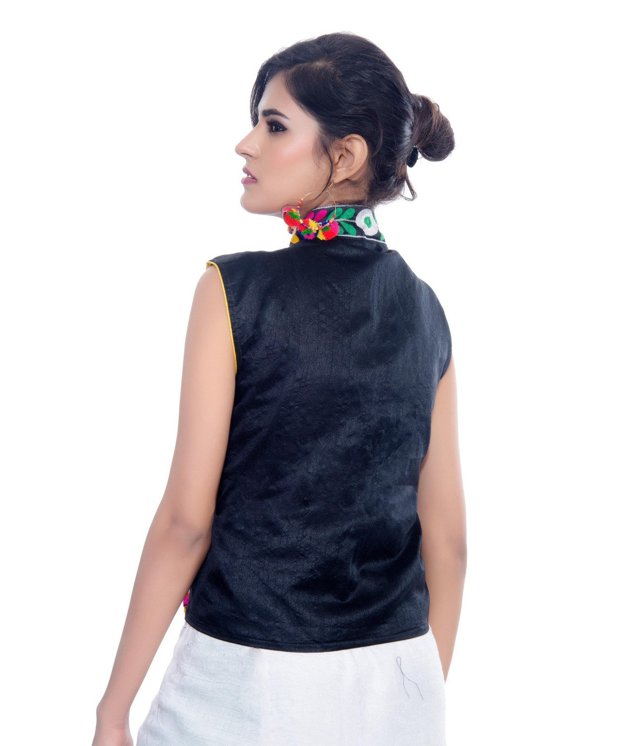 Banjara India Women's Dupion Silk Kutchi Embroidered Sleeveless Waist Length Jacket/Koti/Shrug (Bharchak) - MJK-BHK01 - Banjara India