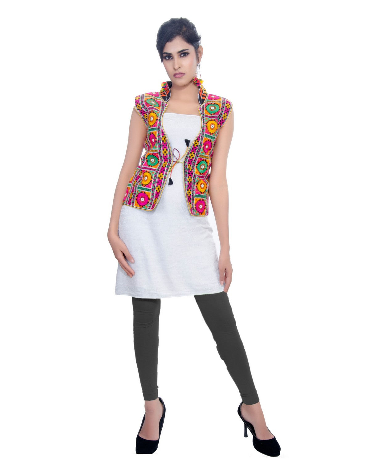 Banjara India Women's Dupion Silk Kutchi Embroidered Sleeveless Waist Length Jacket/Koti/Shrug (Bharchak) - MJK-BHK01 - Banjara India
