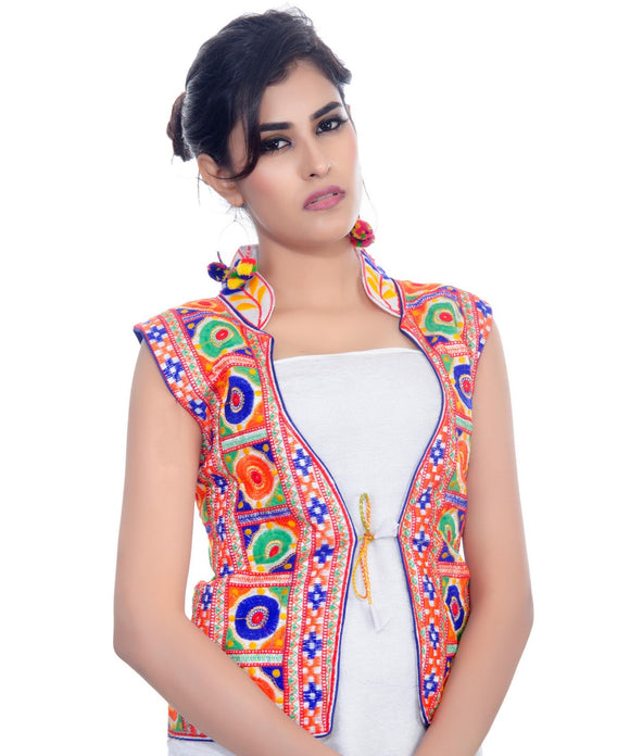 Banjara India Women's Dupion Silk Kutchi Embroidered Sleeveless Waist Length Jacket/Koti/Shrug (Bharchak) - MJK-BHK02 - Banjara India