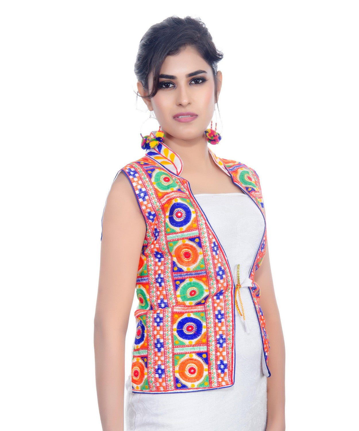 Banjara India Women's Dupion Silk Kutchi Embroidered Sleeveless Waist Length Jacket/Koti/Shrug (Bharchak) - MJK-BHK02 - Banjara India