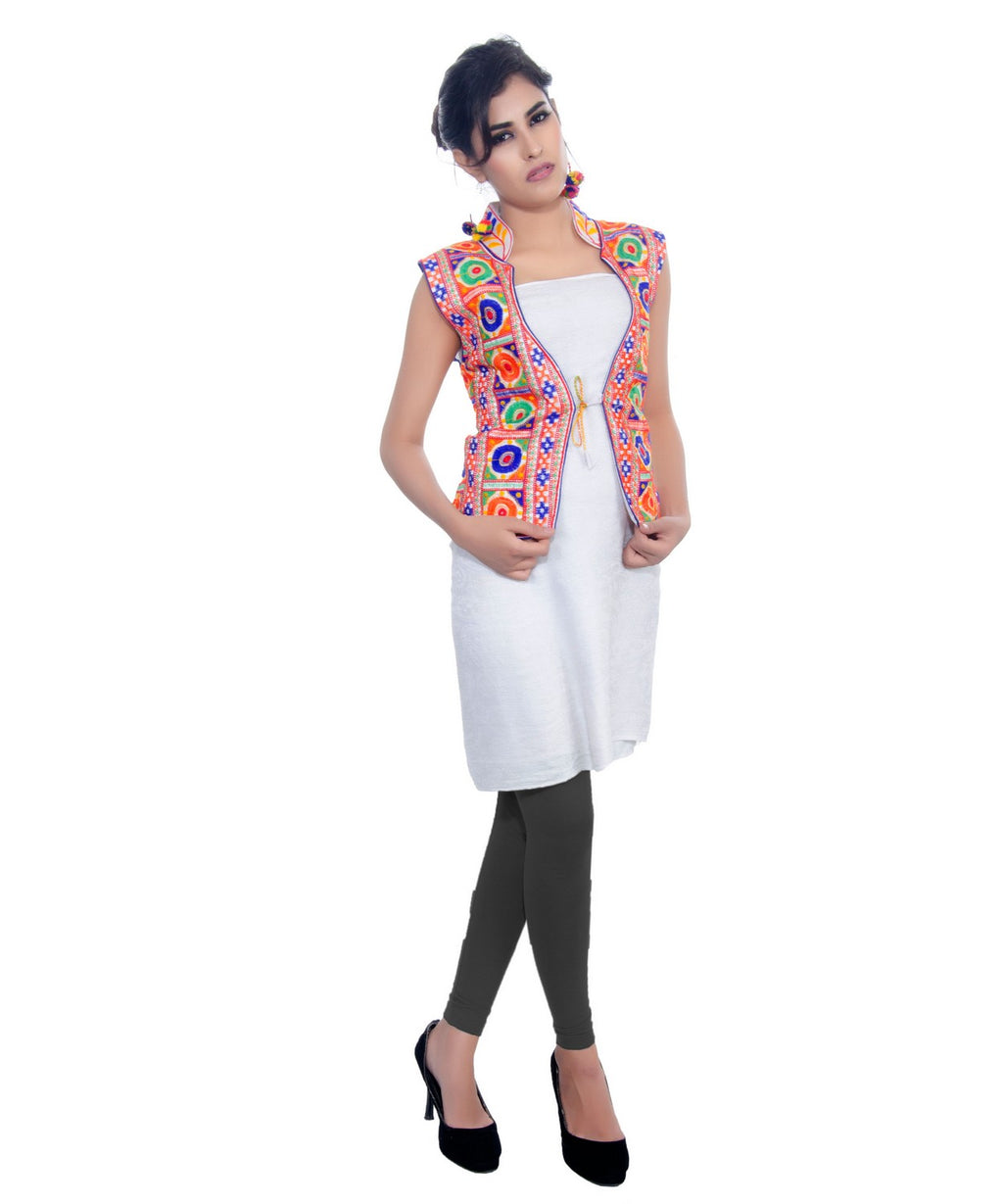 Banjara India Women's Dupion Silk Kutchi Embroidered Sleeveless Waist Length Jacket/Koti/Shrug (Bharchak) - MJK-BHK02 - Banjara India