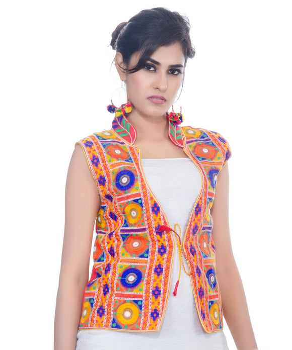Banjara India Women's Dupion Silk Kutchi Embroidered Sleeveless Waist Length Jacket/Koti/Shrug (Bharchak) - MJK-BHK03 - Banjara India