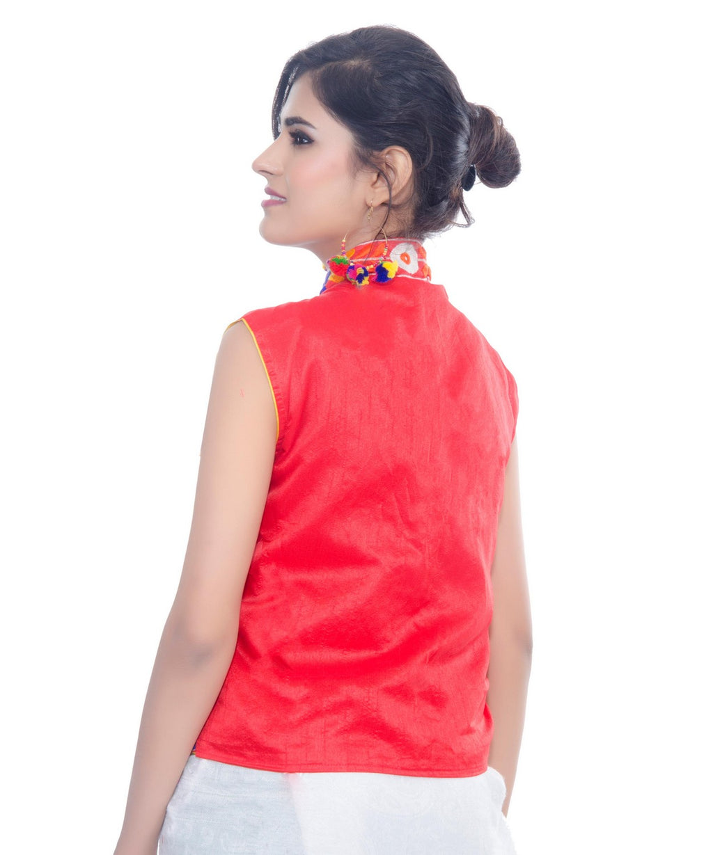 Banjara India Women's Dupion Silk Kutchi Embroidered Sleeveless Waist Length Jacket/Koti/Shrug (Bharchak) - MJK-BHK03 - Banjara India