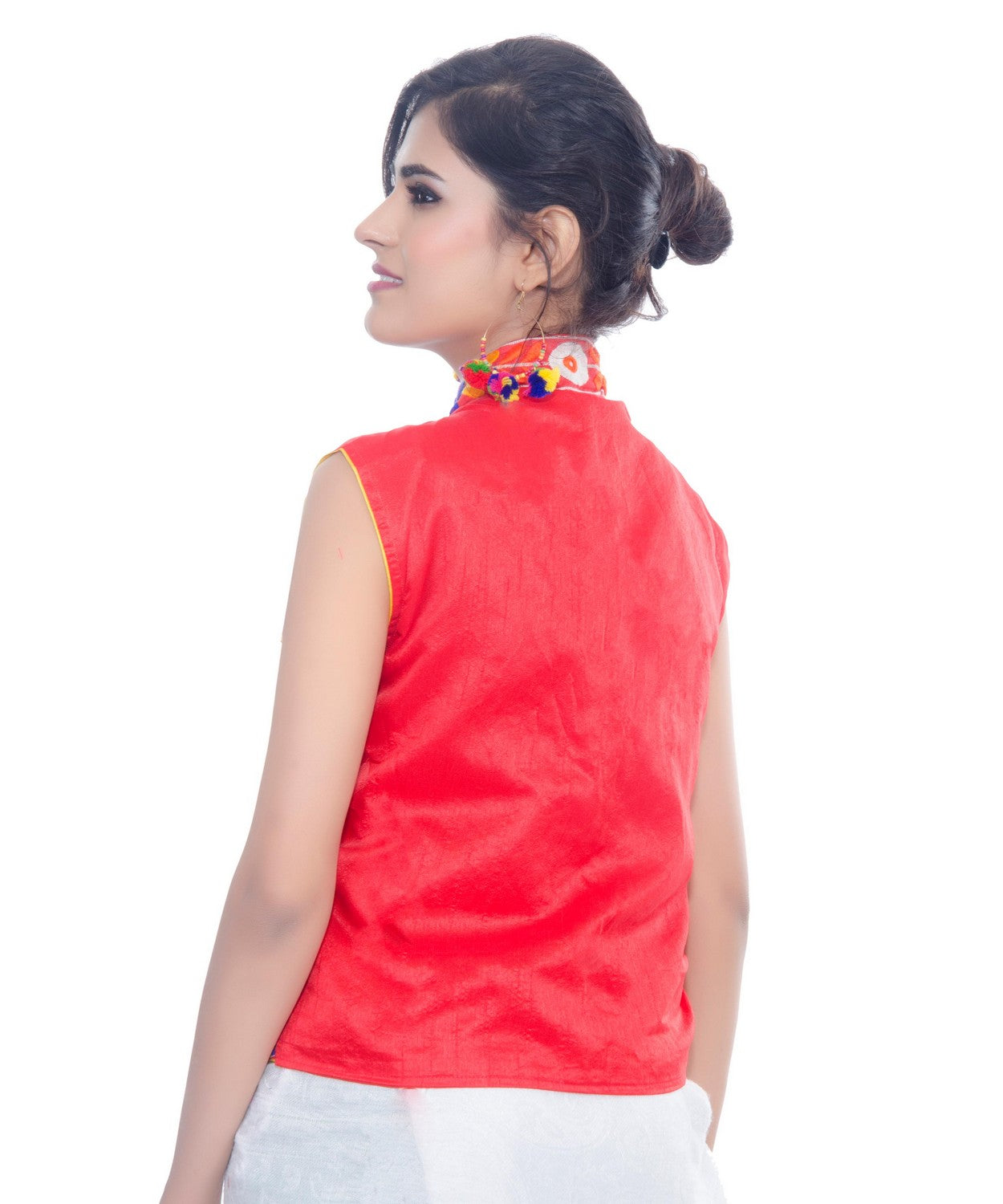 Banjara India Women's Dupion Silk Kutchi Embroidered Sleeveless Waist Length Jacket/Koti/Shrug (Bharchak) - MJK-BHK03 - Banjara India