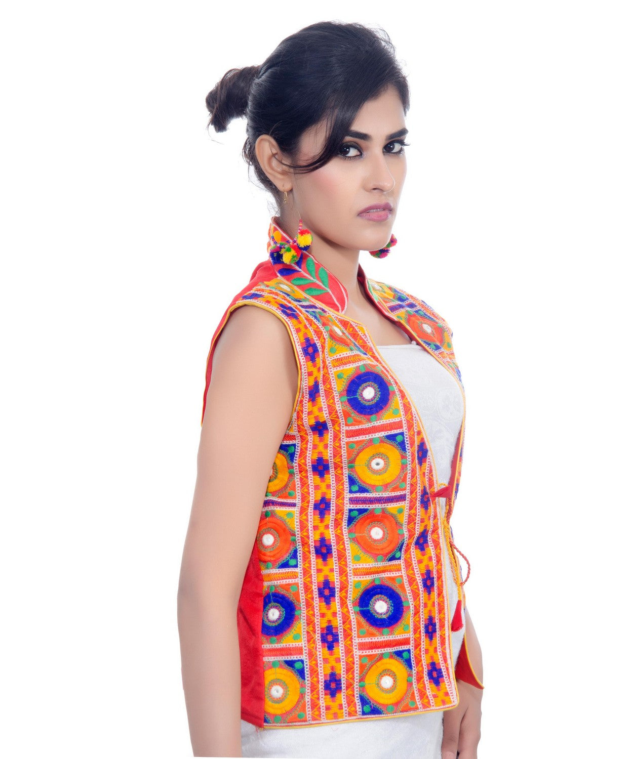 Banjara India Women's Dupion Silk Kutchi Embroidered Sleeveless Waist Length Jacket/Koti/Shrug (Bharchak) - MJK-BHK03 - Banjara India