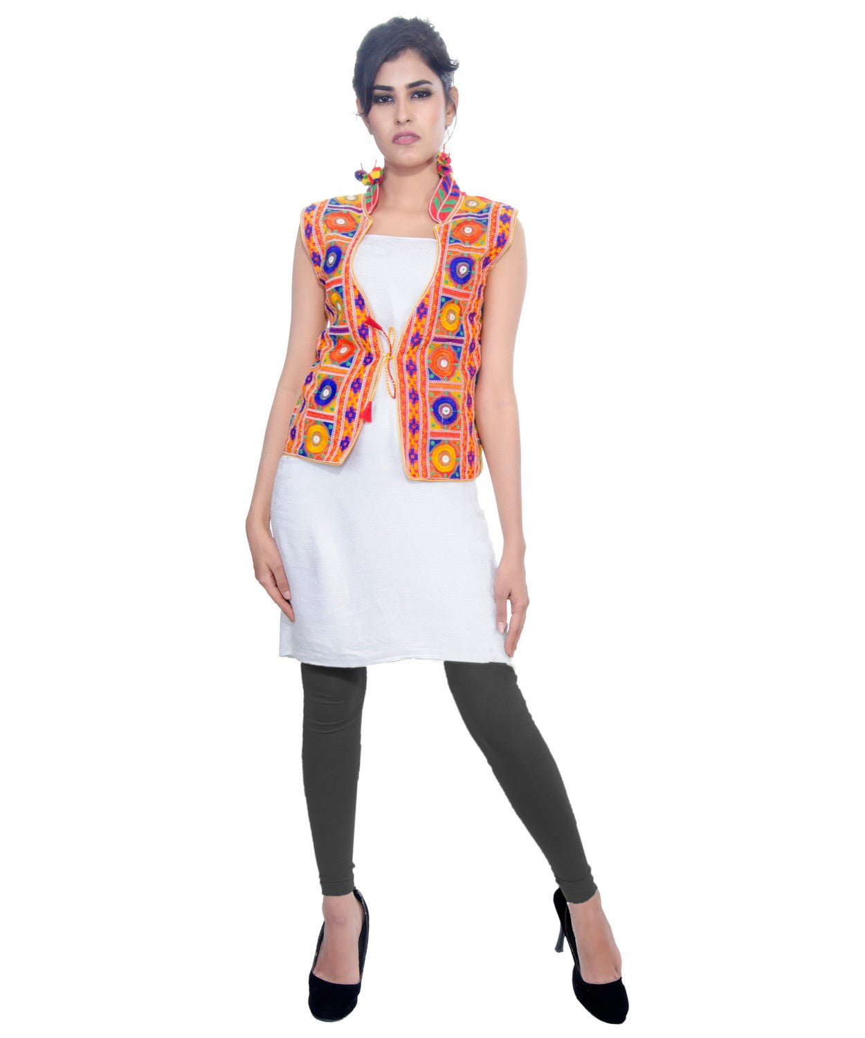 Banjara India Women's Dupion Silk Kutchi Embroidered Sleeveless Waist Length Jacket/Koti/Shrug (Bharchak) - MJK-BHK03 - Banjara India