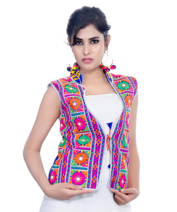 Banjara India Women's Dupion Silk Kutchi Embroidered Sleeveless Waist Length Jacket/Koti/Shrug (Bharchak) - MJK-BHK04 - Banjara India