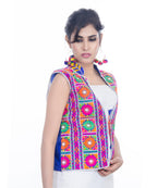 Banjara India Women's Dupion Silk Kutchi Embroidered Sleeveless Waist Length Jacket/Koti/Shrug (Bharchak) - MJK-BHK04 - Banjara India