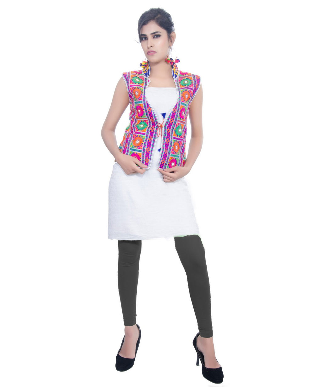Banjara India Women's Dupion Silk Kutchi Embroidered Sleeveless Waist Length Jacket/Koti/Shrug (Bharchak) - MJK-BHK04 - Banjara India