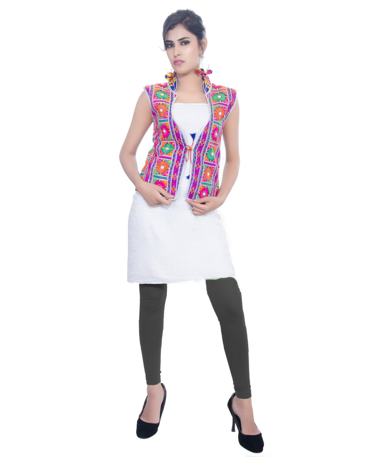 Banjara India Women's Dupion Silk Kutchi Embroidered Sleeveless Waist Length Jacket/Koti/Shrug (Bharchak) - MJK-BHK04 - Banjara India