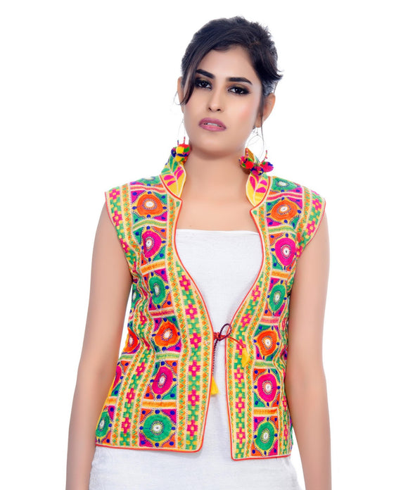 Banjara India Women's Dupion Silk Kutchi Embroidered Sleeveless Waist Length Jacket/Koti/Shrug (Bharchak) - MJK-BHK05 - Banjara India