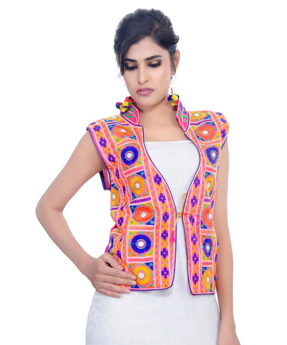 Banjara India Women's Dupion Silk Kutchi Embroidered Sleeveless Waist Length Jacket/Koti/Shrug (Bharchak) - MJK-BHK06 - Banjara India