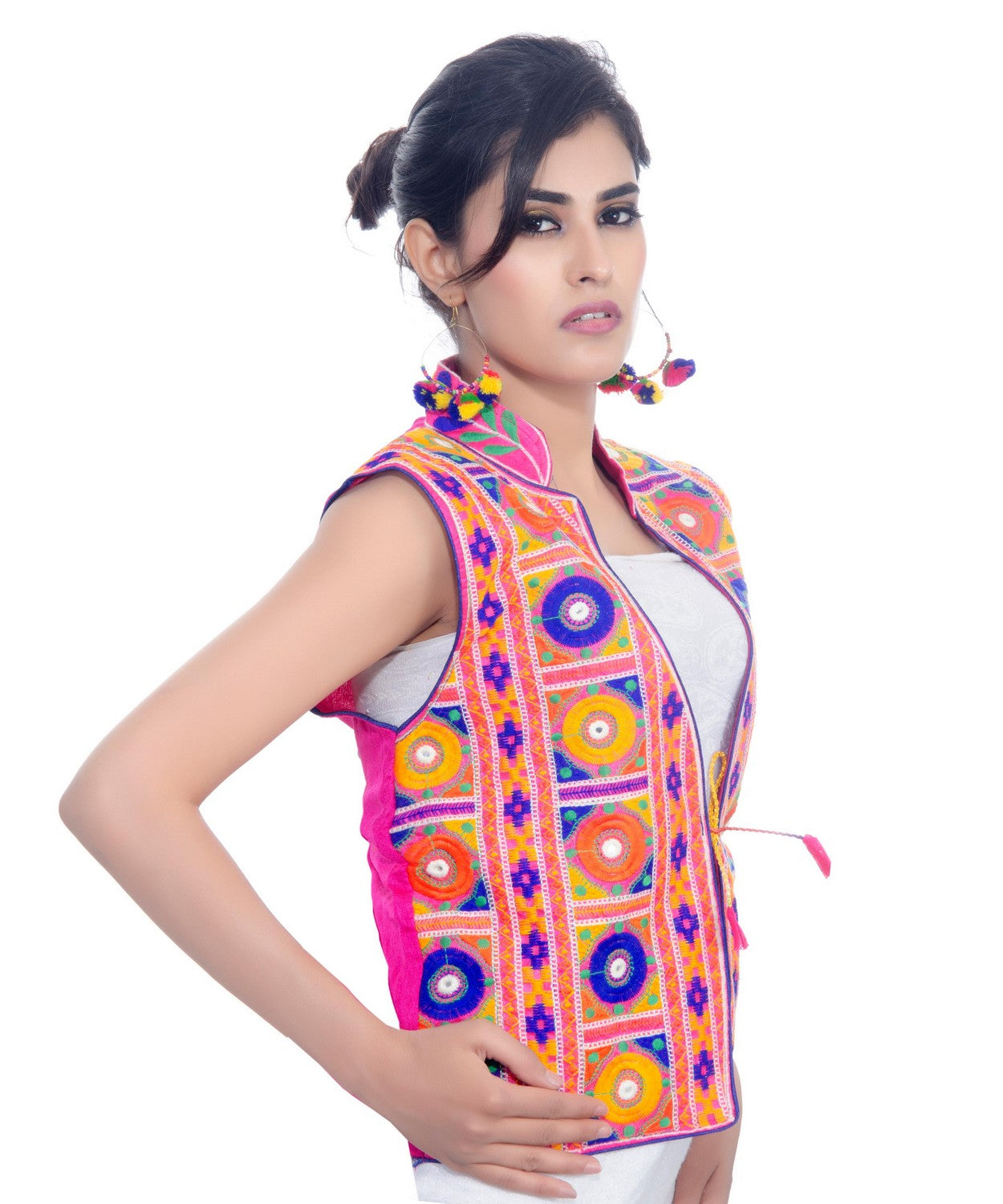 Banjara India Women's Dupion Silk Kutchi Embroidered Sleeveless Waist Length Jacket/Koti/Shrug (Bharchak) - MJK-BHK06 - Banjara India