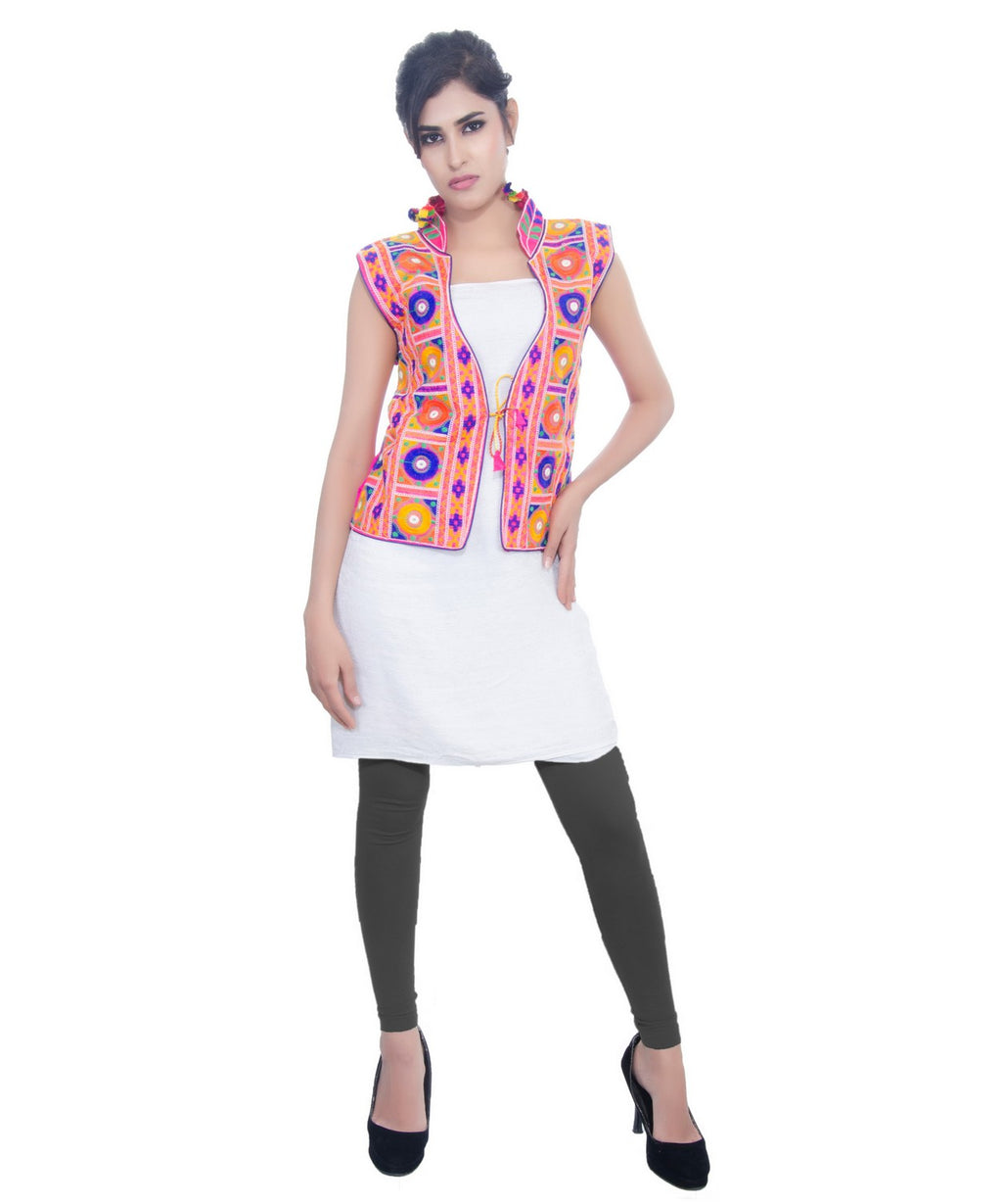 Banjara India Women's Dupion Silk Kutchi Embroidered Sleeveless Waist Length Jacket/Koti/Shrug (Bharchak) - MJK-BHK06 - Banjara India