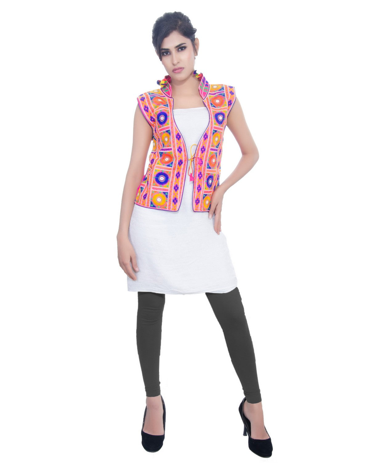 Banjara India Women's Dupion Silk Kutchi Embroidered Sleeveless Waist Length Jacket/Koti/Shrug (Bharchak) - MJK-BHK06 - Banjara India