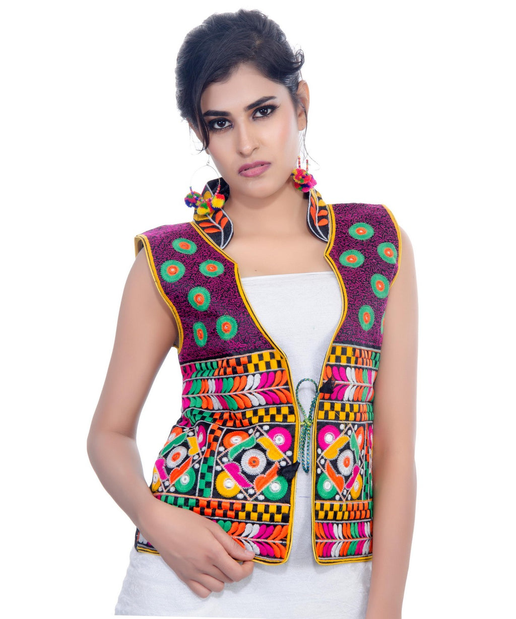Banjara India Women's Dupion Silk Kutchi Embroidered Sleeveless Waist Length Jacket/Koti/Shrug (Chakachak) - MJK-CHK01 - Banjara India