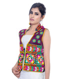 Banjara India Women's Dupion Silk Kutchi Embroidered Sleeveless Waist Length Jacket/Koti/Shrug (Chakachak) - MJK-CHK01 - Banjara India