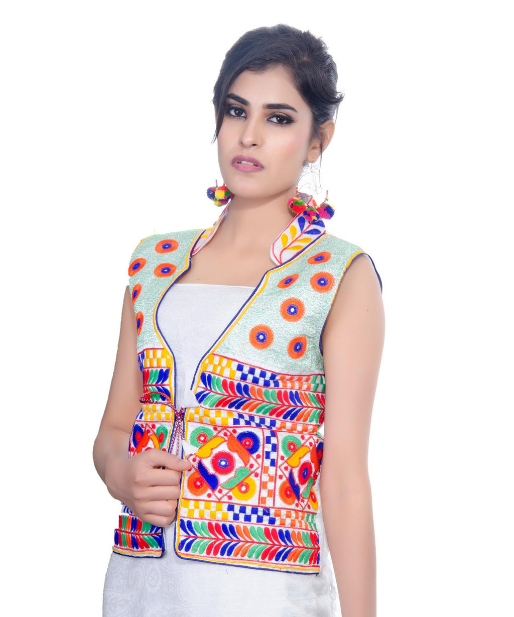 Banjara India Women's Dupion Silk Kutchi Embroidered Sleeveless Waist Length Jacket/Koti/Shrug (Chakachak) - MJK-CHK02 - Banjara India