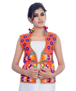 Banjara India Women's Dupion Silk Kutchi Embroidered Sleeveless Waist Length Jacket/Koti/Shrug (Chakachak) - MJK-CHK03 - Banjara India