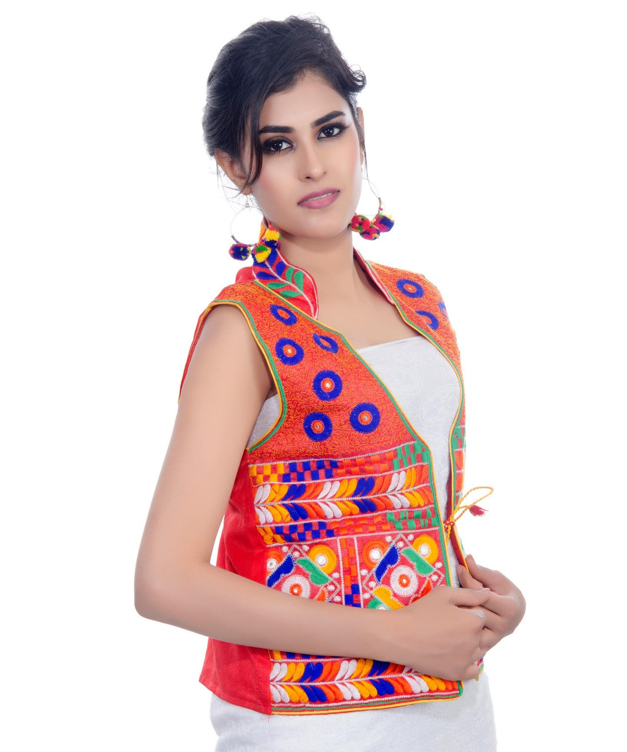 Banjara India Women's Dupion Silk Kutchi Embroidered Sleeveless Waist Length Jacket/Koti/Shrug (Chakachak) - MJK-CHK03 - Banjara India