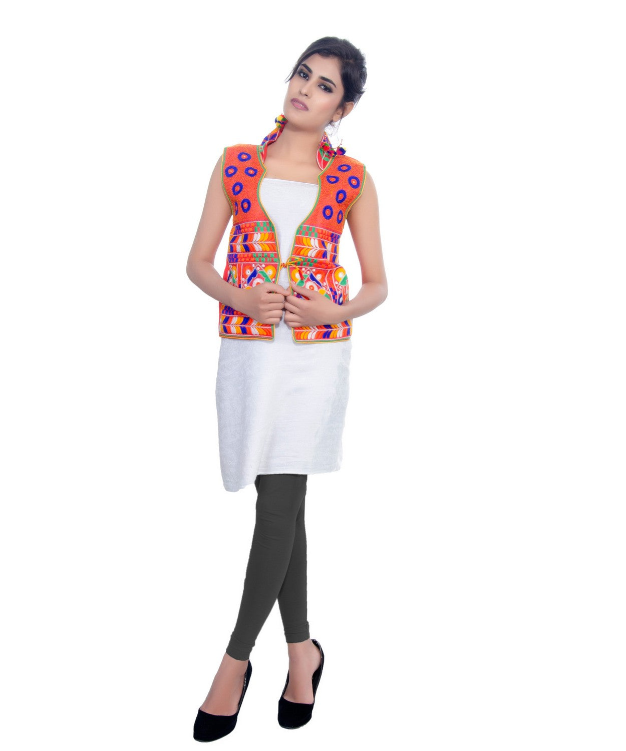 Banjara India Women's Dupion Silk Kutchi Embroidered Sleeveless Waist Length Jacket/Koti/Shrug (Chakachak) - MJK-CHK03 - Banjara India