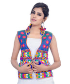 Banjara India Women's Dupion Silk Kutchi Embroidered Sleeveless Waist Length Jacket/Koti/Shrug (Chakachak) - MJK-CHK04 - Banjara India