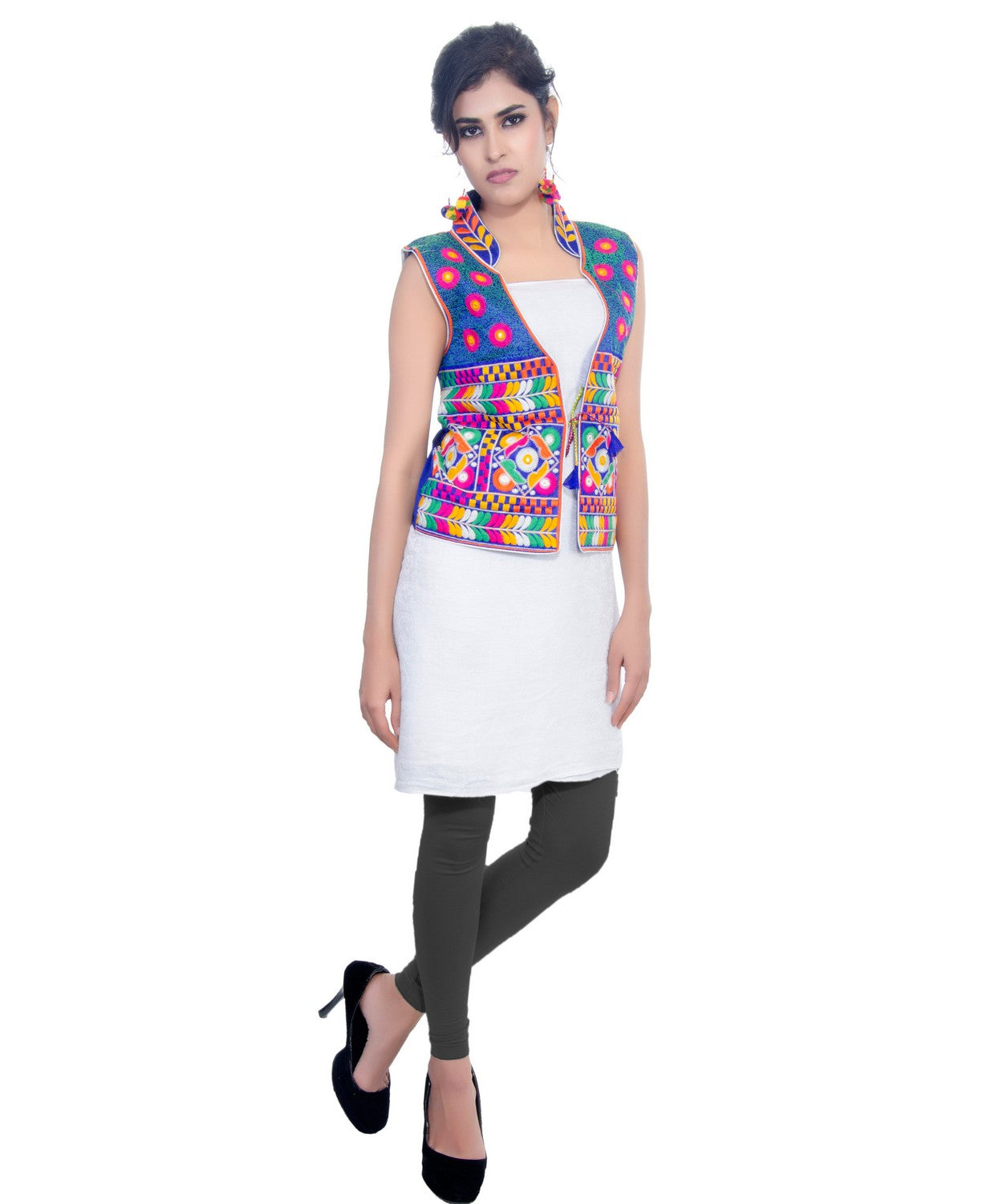 Banjara India Women's Dupion Silk Kutchi Embroidered Sleeveless Waist Length Jacket/Koti/Shrug (Chakachak) - MJK-CHK04 - Banjara India
