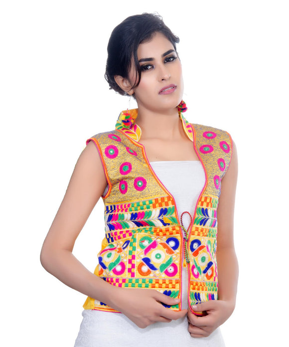 Banjara India Women's Dupion Silk Kutchi Embroidered Sleeveless Waist Length Jacket/Koti/Shrug (Chakachak) - MJK-CHK05 - Banjara India