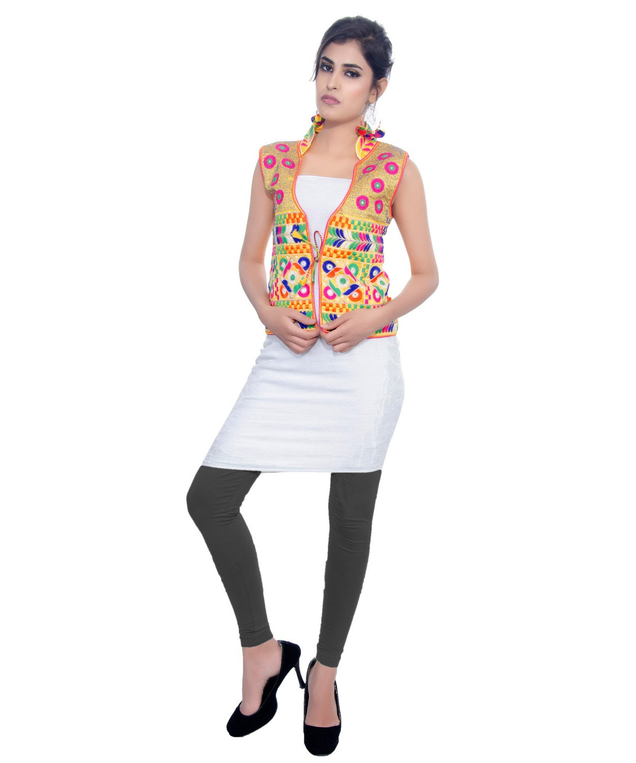 Banjara India Women's Dupion Silk Kutchi Embroidered Sleeveless Waist Length Jacket/Koti/Shrug (Chakachak) - MJK-CHK05 - Banjara India