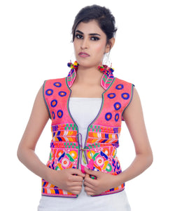 Banjara India Women's Dupion Silk Kutchi Embroidered Sleeveless Waist Length Jacket/Koti/Shrug (Chakachak) - MJK-CHK06 - Banjara India
