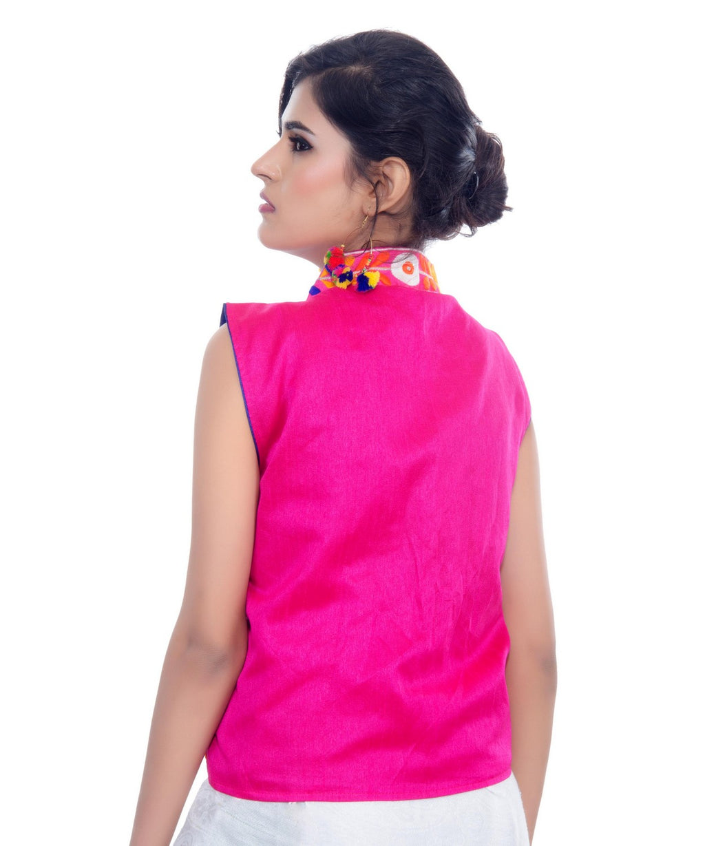 Banjara India Women's Dupion Silk Kutchi Embroidered Sleeveless Waist Length Jacket/Koti/Shrug (Chakachak) - MJK-CHK06 - Banjara India