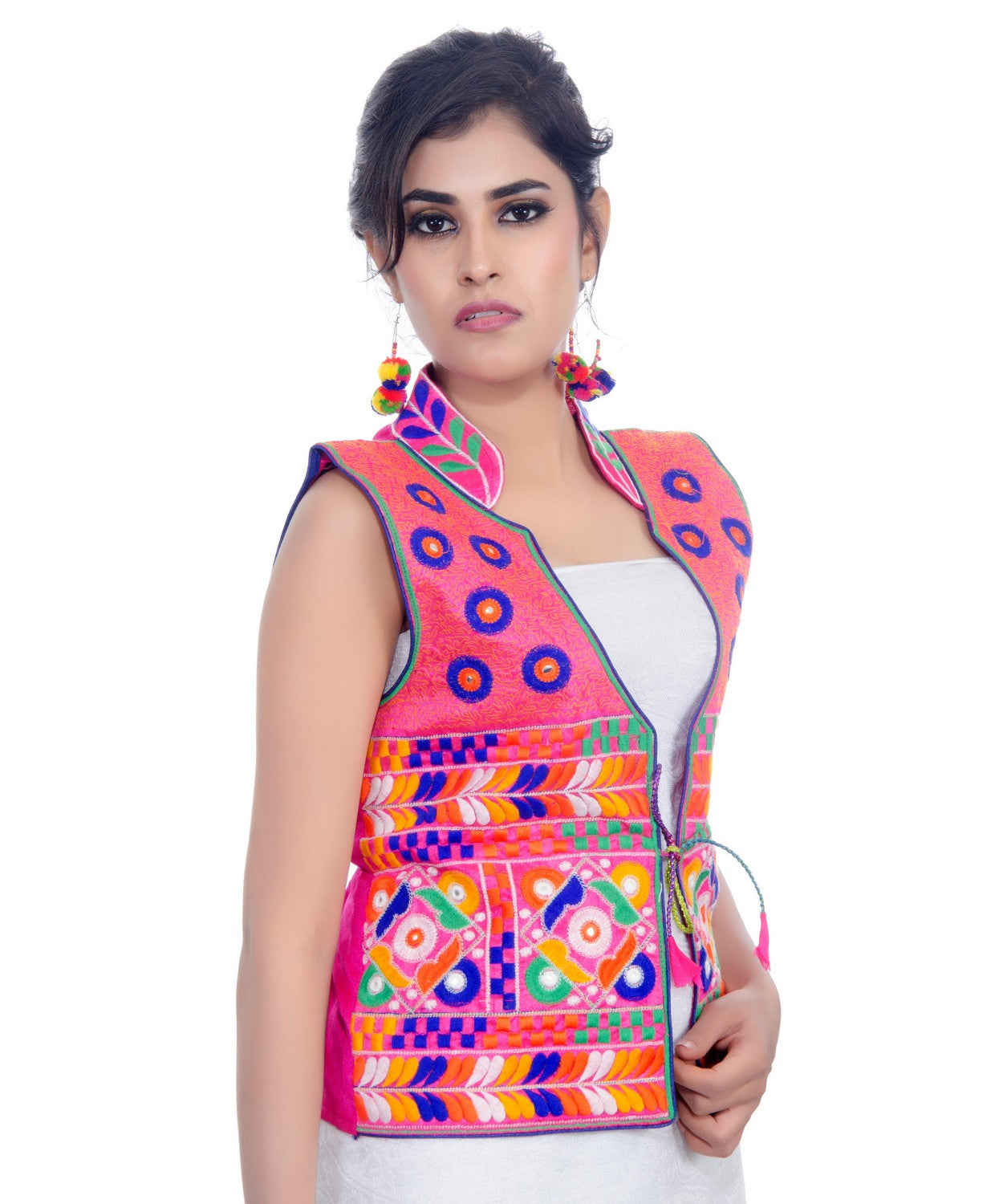 Banjara India Women's Dupion Silk Kutchi Embroidered Sleeveless Waist Length Jacket/Koti/Shrug (Chakachak) - MJK-CHK06 - Banjara India