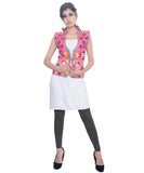 Banjara India Women's Dupion Silk Kutchi Embroidered Sleeveless Waist Length Jacket/Koti/Shrug (Chakachak) - MJK-CHK06 - Banjara India