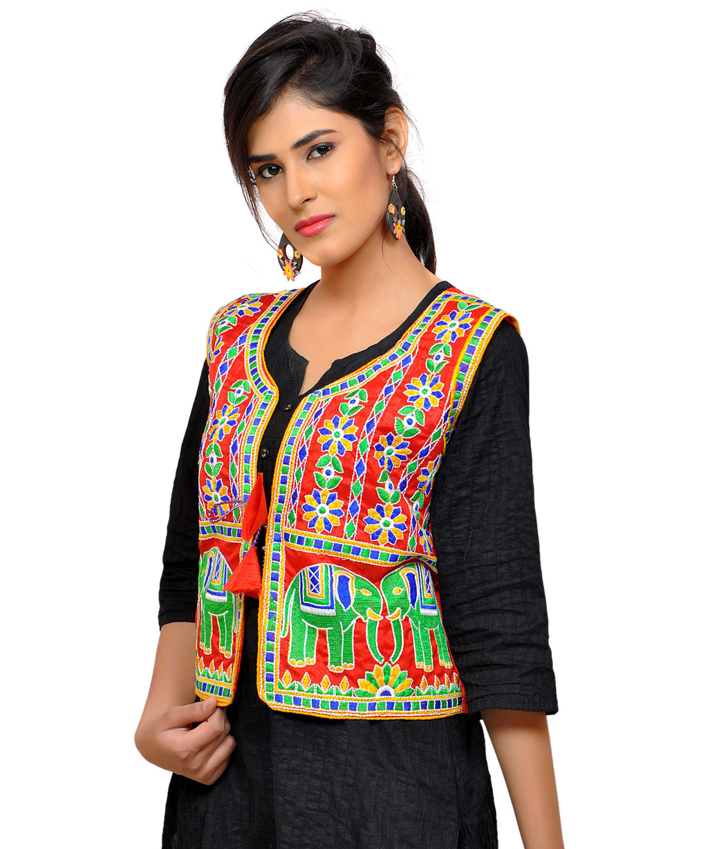 Dupion Silk Kutchi Embroidered Waist Length Jacket/Koti/Shrug (Circus) - MJK-CIRCUS03