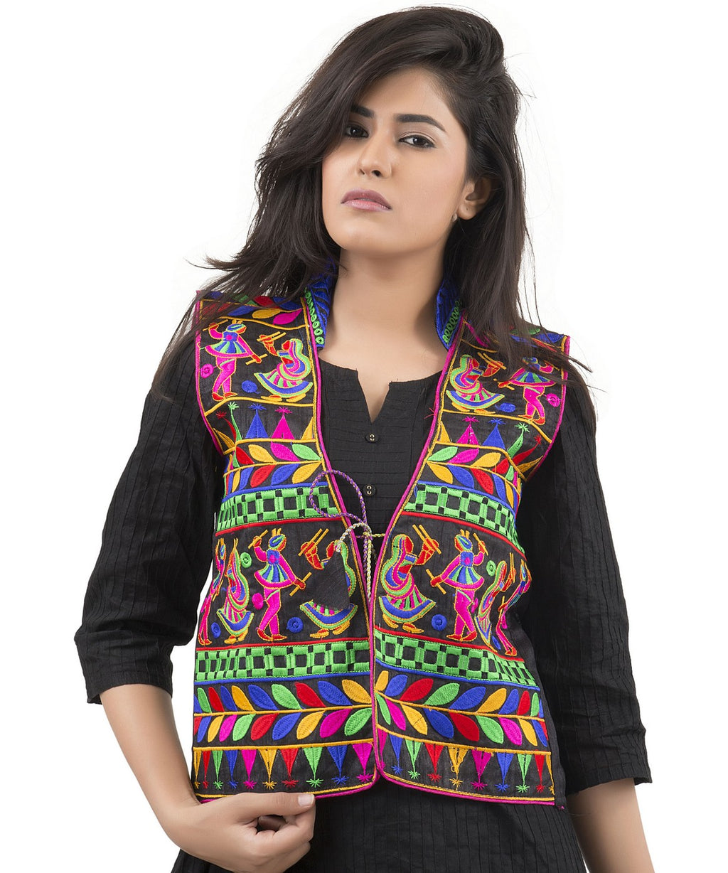 Banjara India Women's Dupion Silk Kutchi Embroidered Sleeveless Waist Length Jacket/Koti/Shrug (Garba) - MJK-GRB01 - Banjara India