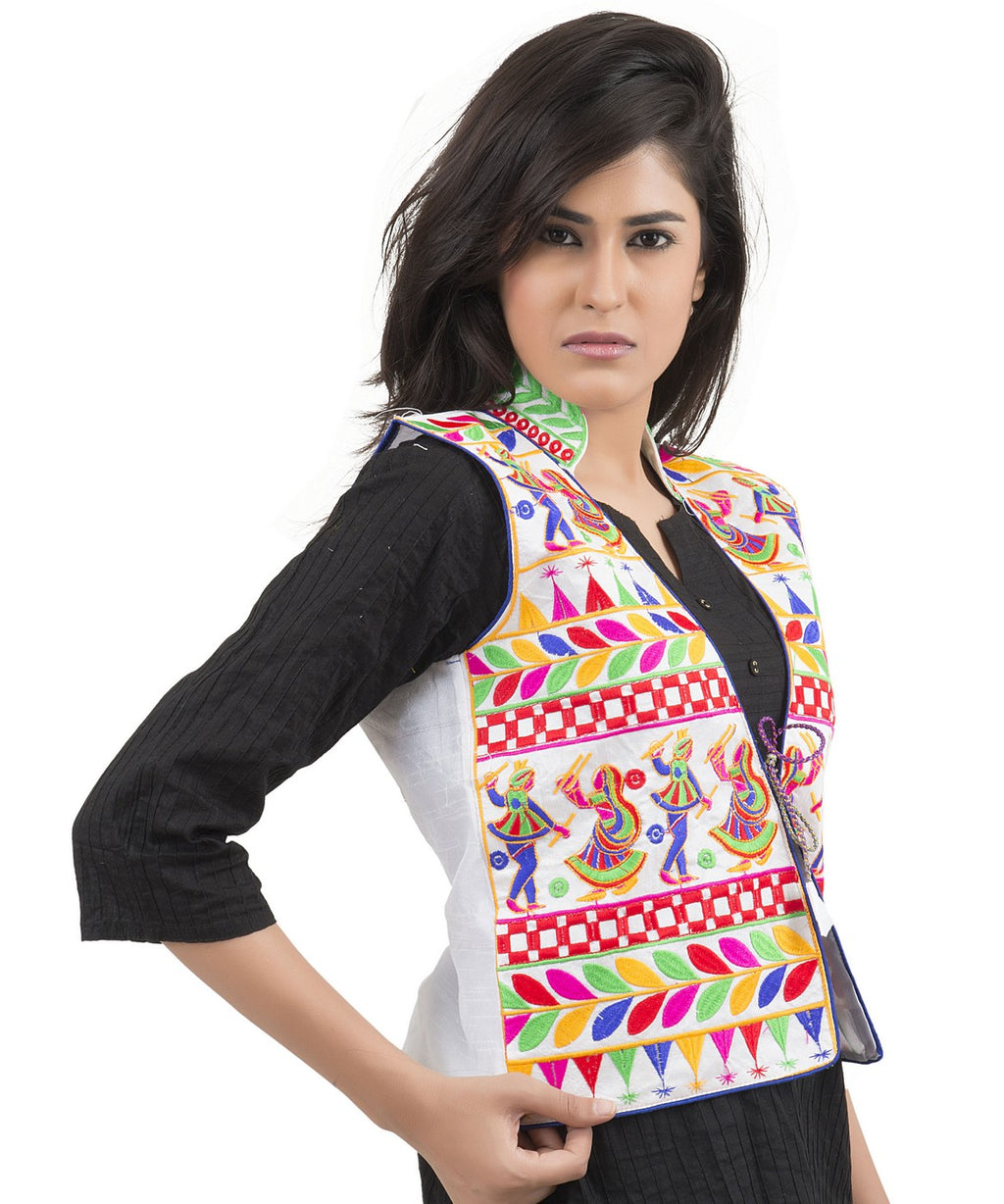 Banjara India Women's Dupion Silk Kutchi Embroidered Sleeveless Waist Length Jacket/Koti/Shrug (Garba) - MJK-GRB02 - Banjara India