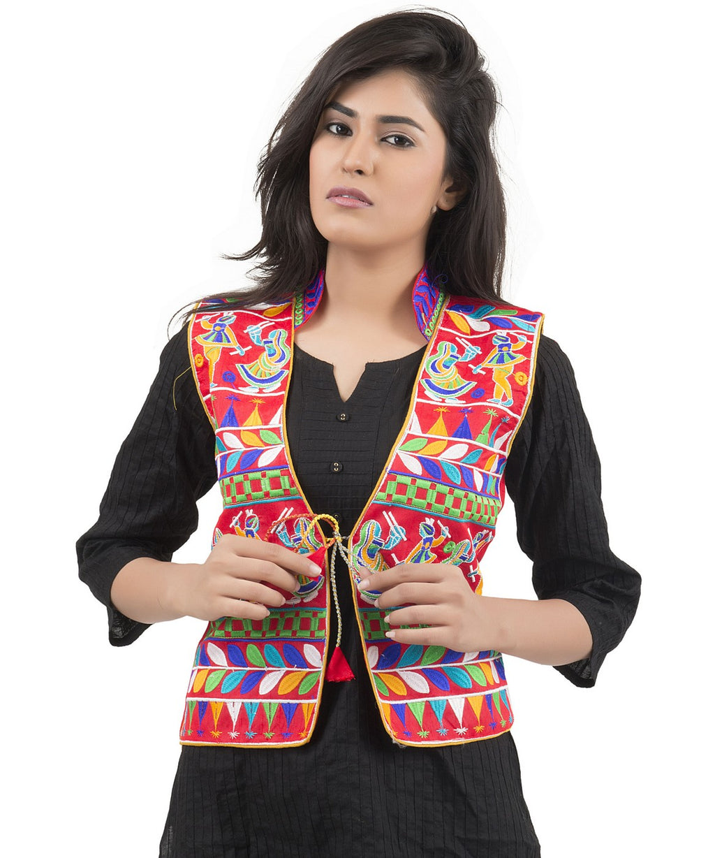 Banjara India Women's Dupion Silk Kutchi Embroidered Sleeveless Waist Length Jacket/Koti/Shrug (Garba) - MJK-GRB03 - Banjara India