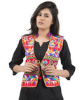 Banjara India Women's Dupion Silk Kutchi Embroidered Sleeveless Waist Length Jacket/Koti/Shrug (Garba) - MJK-GRB03 - Banjara India