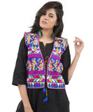 Banjara India Women's Dupion Silk Kutchi Embroidered Sleeveless Waist Length Jacket/Koti/Shrug (Garba) - MJK-GRB04 - Banjara India